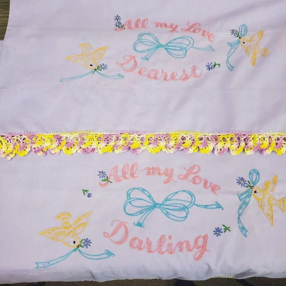 Lavender Purple ALL MY LOVE DARLING DEAREST Crochet Doves Guest Pillow Case Set